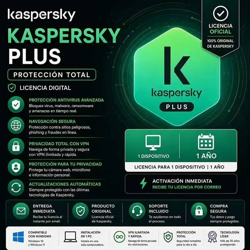 Kaspersky Plus 1 Año – Protección Total + VPN para tu PC (Activación Inmediata)